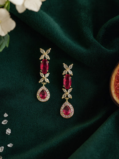 Gold Plated AD Red Drop Earrings for Women