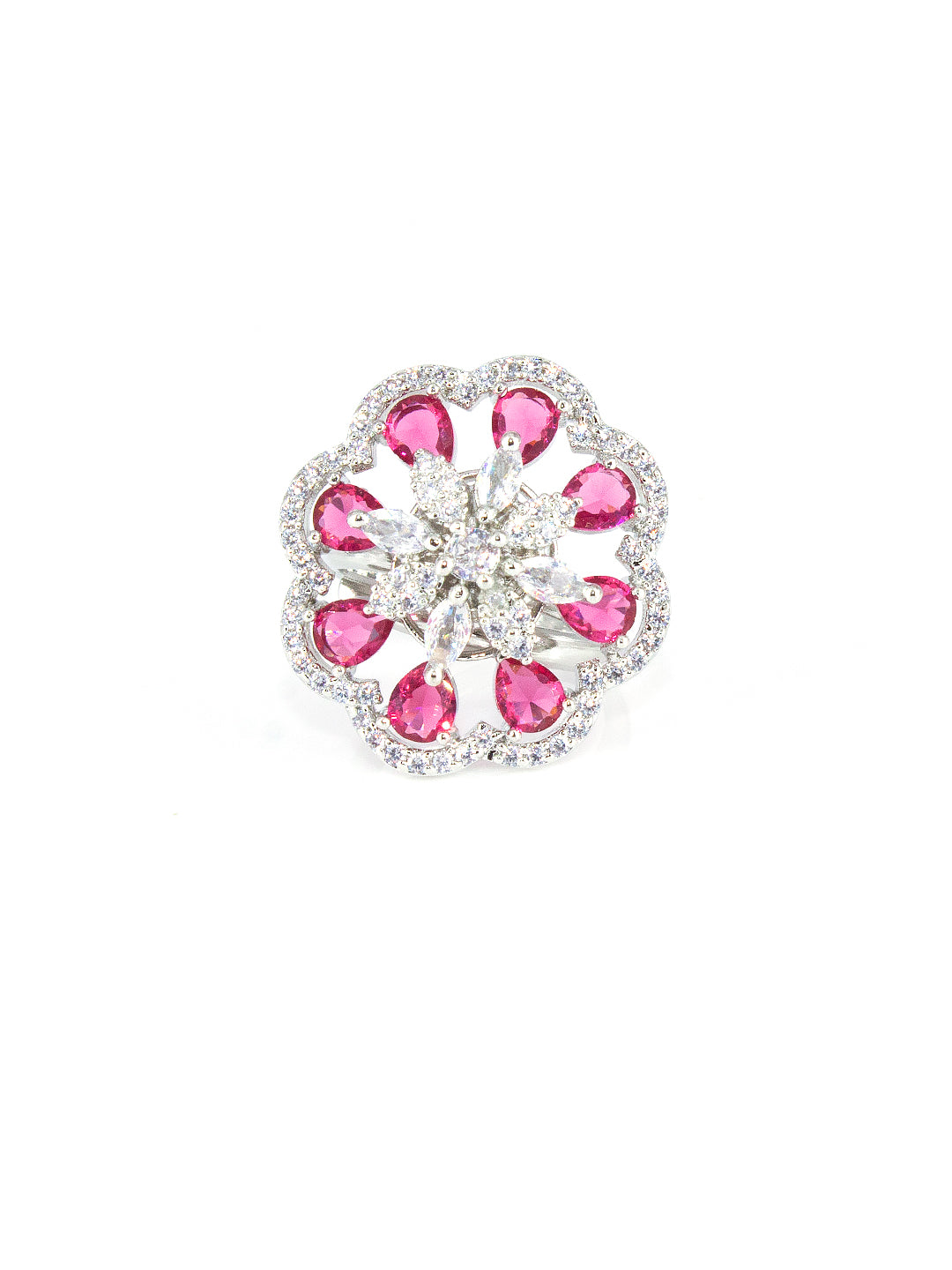 Silver Plated Red Floral AD Adjustable Ring For Women