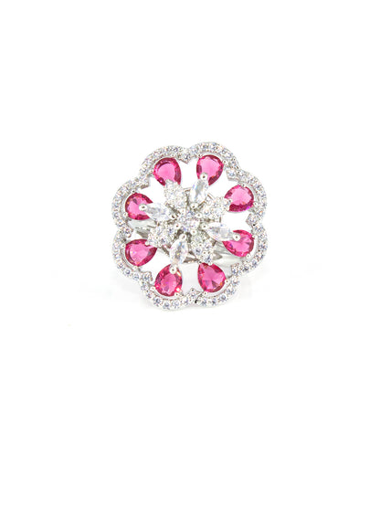 Silver Plated Red Floral AD Adjustable Ring For Women