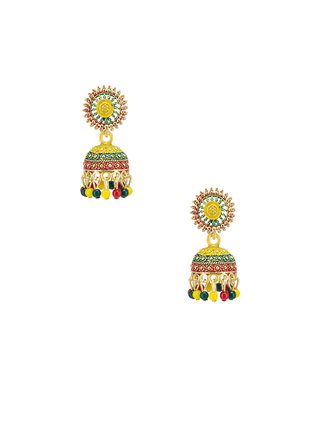Gold Plated Circular Multi Color Artificial Beaded Jhumki Earrings