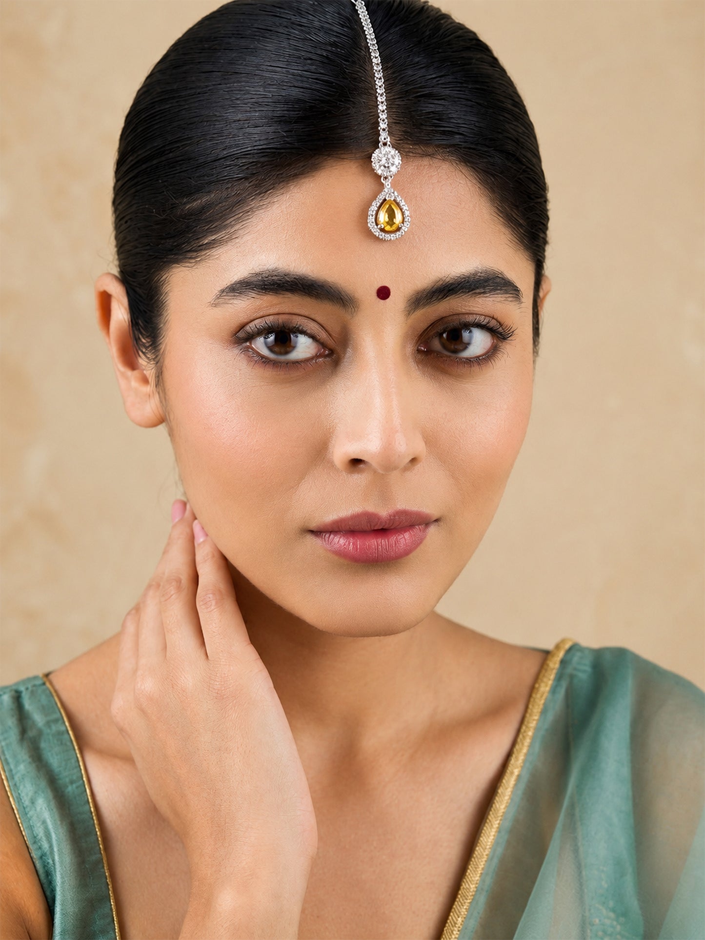 Silver Plated Yellow AD Maang Tikka for Girls