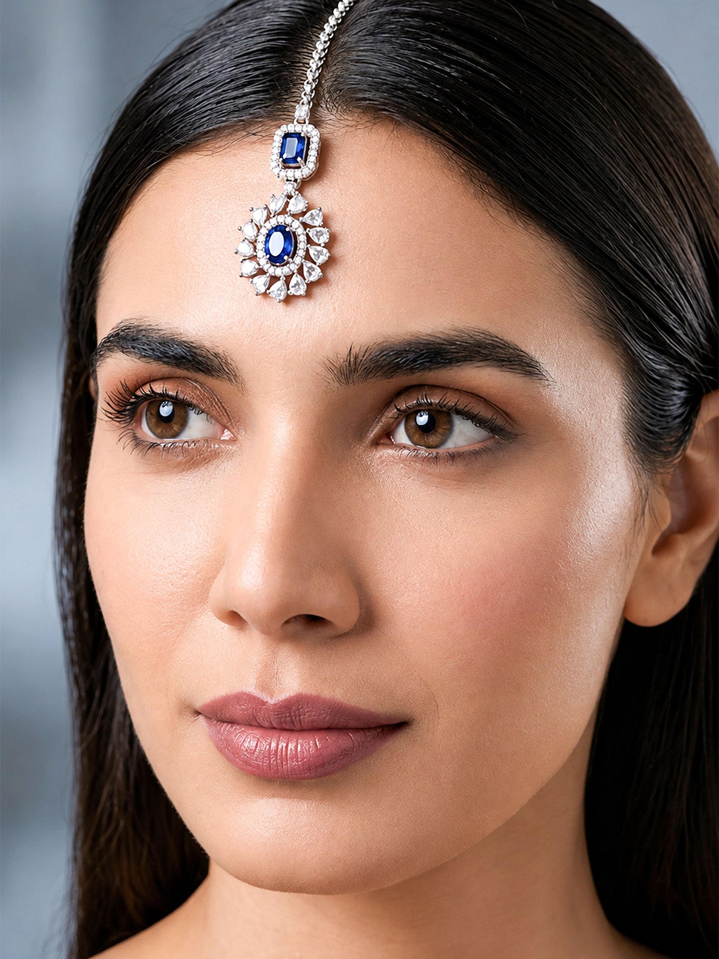 Silver Plated Blue AD Maang Tikka for Women