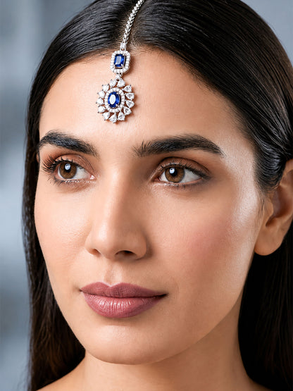 Silver Plated Blue AD Maang Tikka for Women