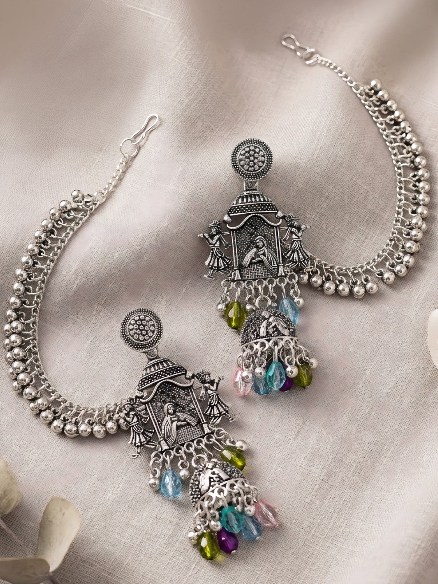 Silver Oxidised Jhumka Earring with Chain for Women