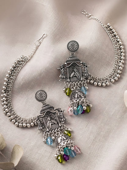 Silver Oxidised Jhumka Earring with Chain for Women
