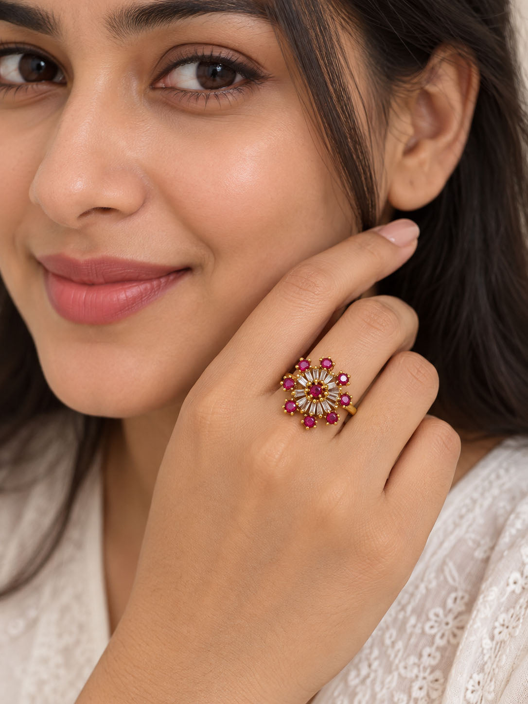 22K Gold Plated Red AD Finger Ring for Women