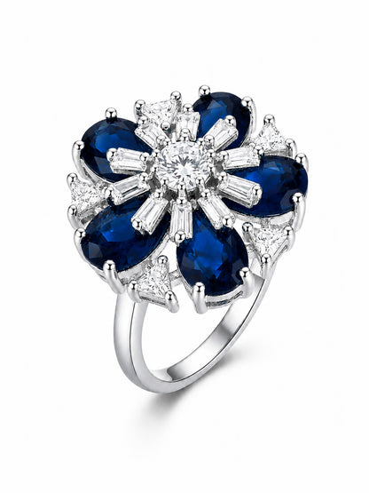 Rhodium Plated Blue AD Floral Finger Ring for Women