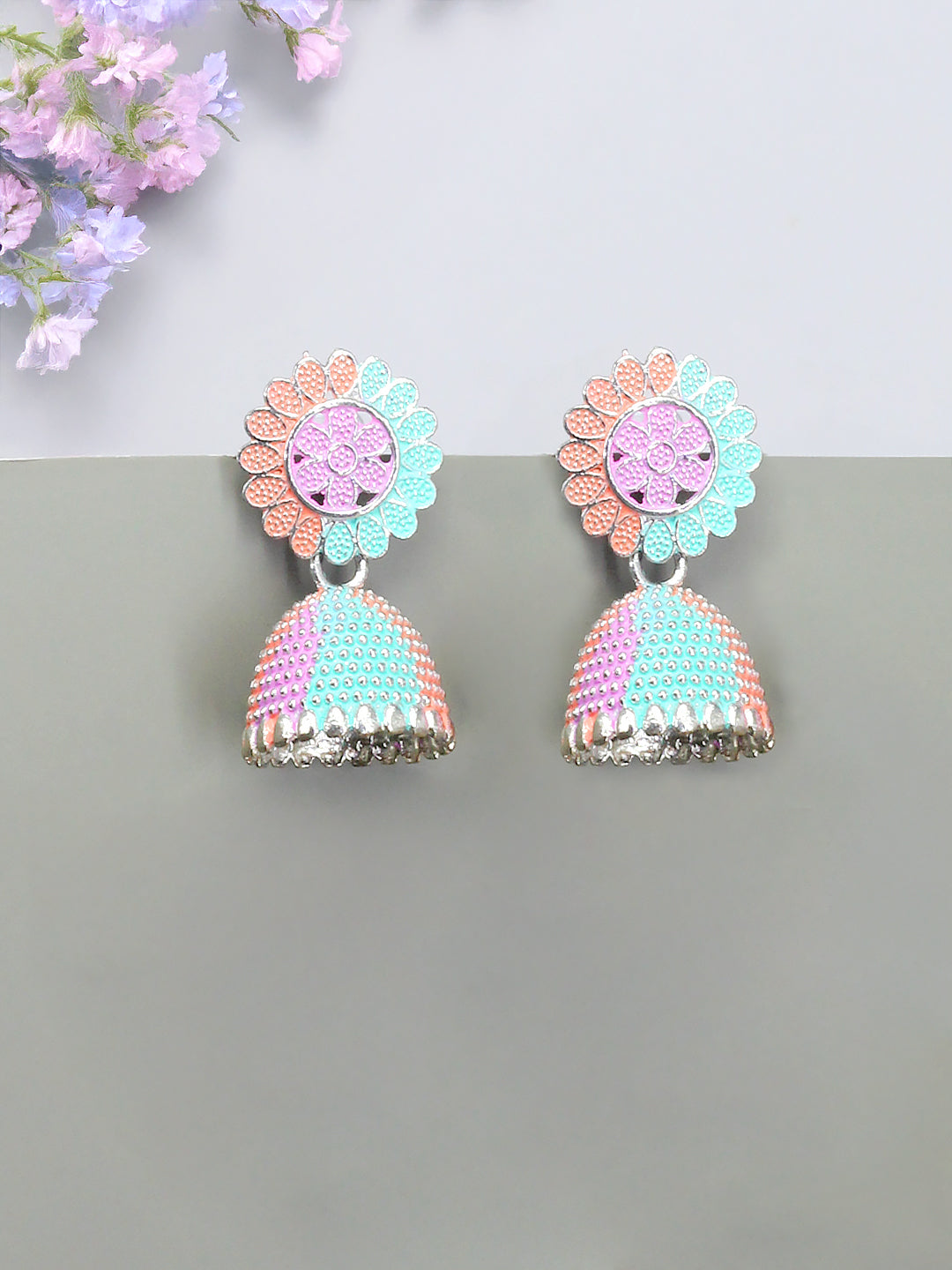 Silver-Plated Floral Pink & Green Jhumki Earrings