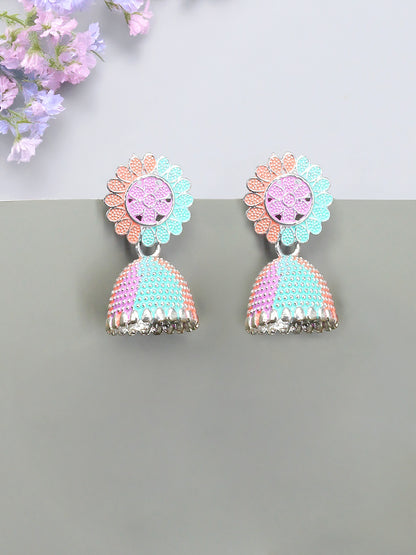 Silver-Plated Floral Pink & Green Jhumki Earrings