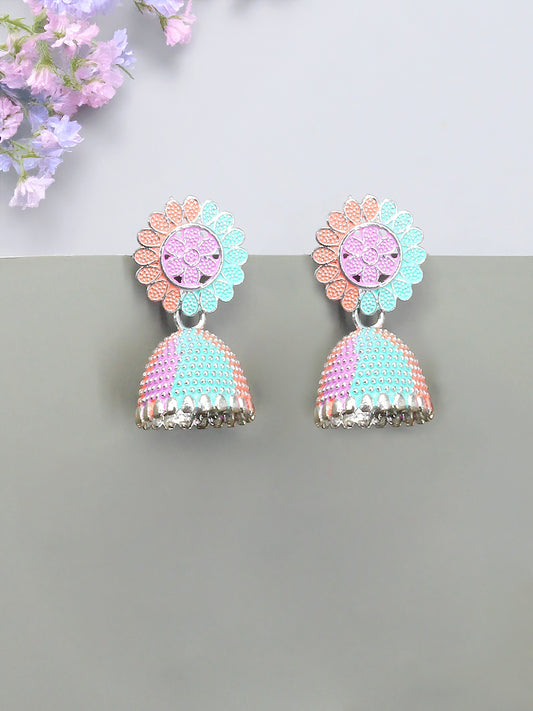 Silver-Plated Floral Pink & Green Jhumki Earrings