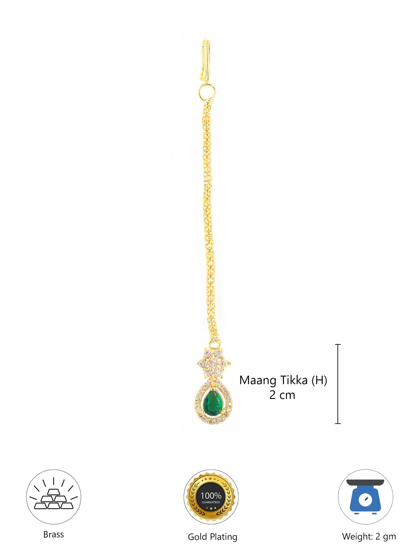 Gold Plated Green AD Teardrop Maang Tikka for Women