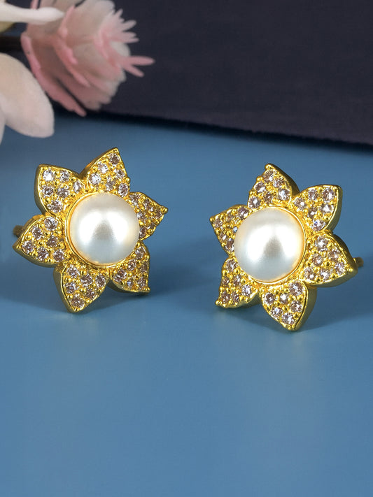 Gold Plated American Diamond Floral Stud Earrings for Women