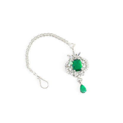 Silver Plated Green AD Maang Tikka for Women