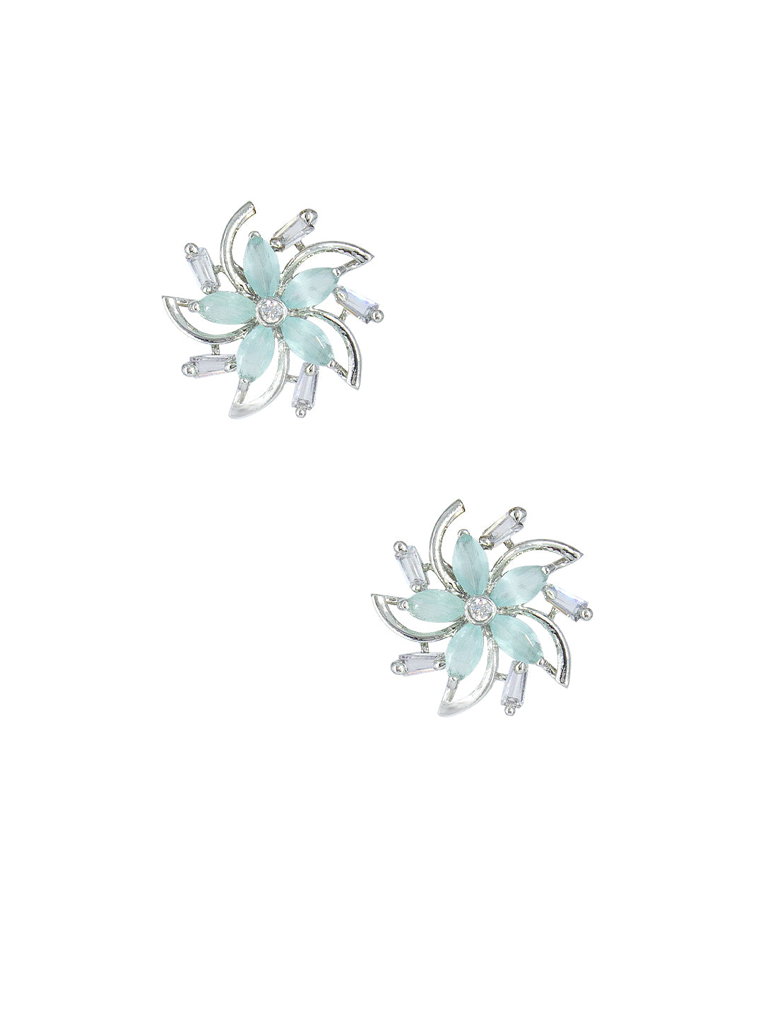 Silver Plated Mint Blue Floral AD Stud Earrings For Women