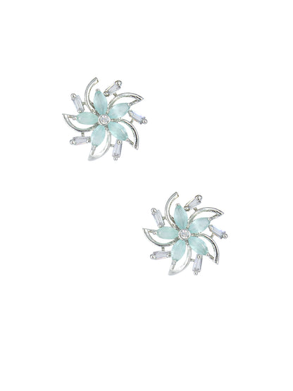 Silver Plated Mint Blue Floral AD Stud Earrings For Women