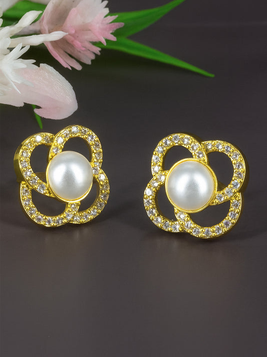 Gold Plated AD & Pearl Floral Designer Stud Earrings for Women
