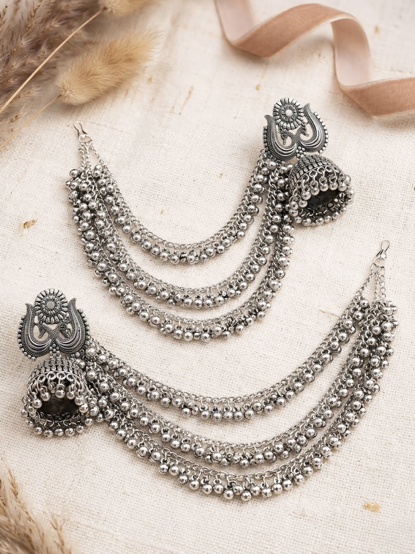 Silver Oxidised Jhumka Earring with 3 Layred Chain for Women