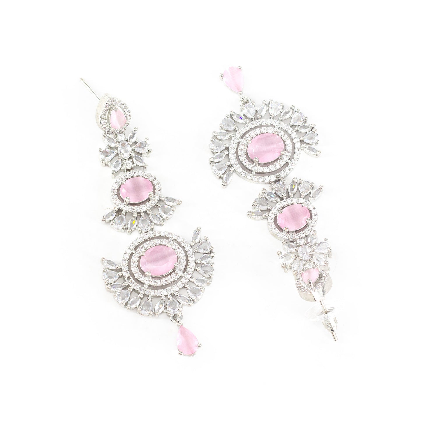 Silver Plated Pink AD Floral Earrings for Women