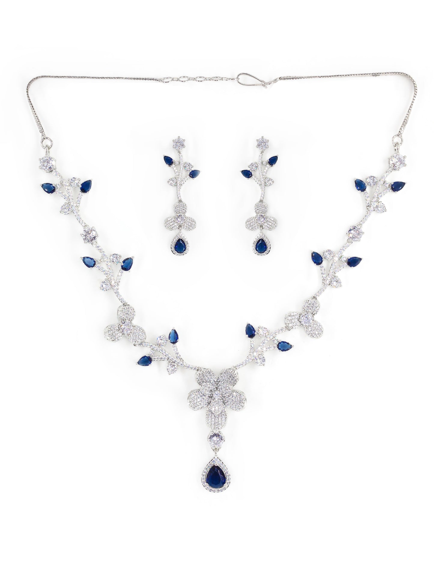 Silver Plated Blue & White American Diamond Designer Jewellery Set