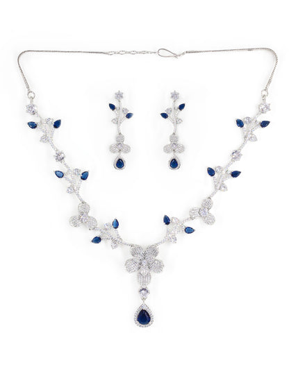 Silver Plated Blue & White American Diamond Designer Jewellery Set