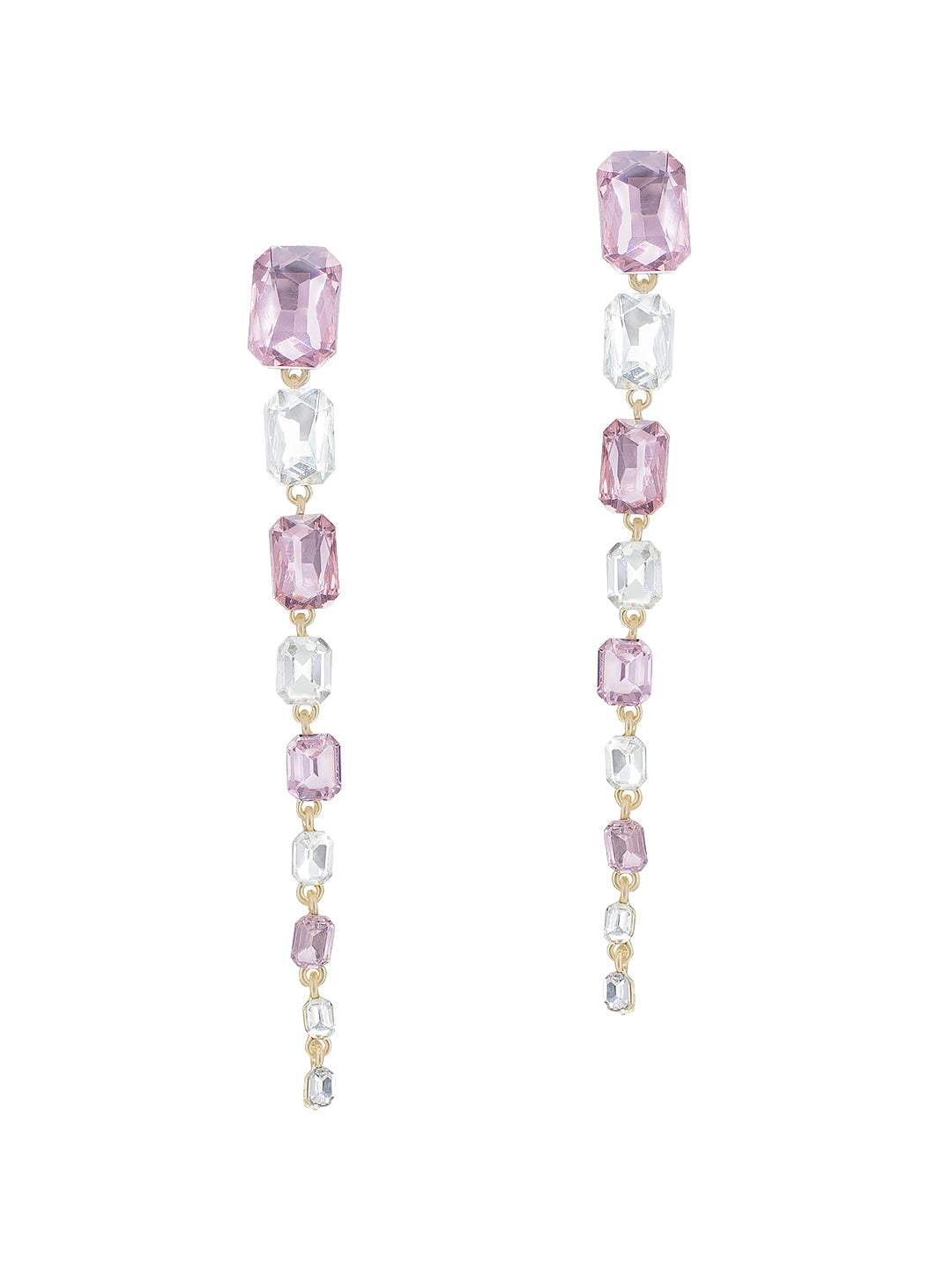 Gold Plated Pink & White Crystal Stones Studded Long Drop Earrings