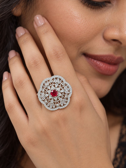 Silver Plated Red AD Finger Ring for Women