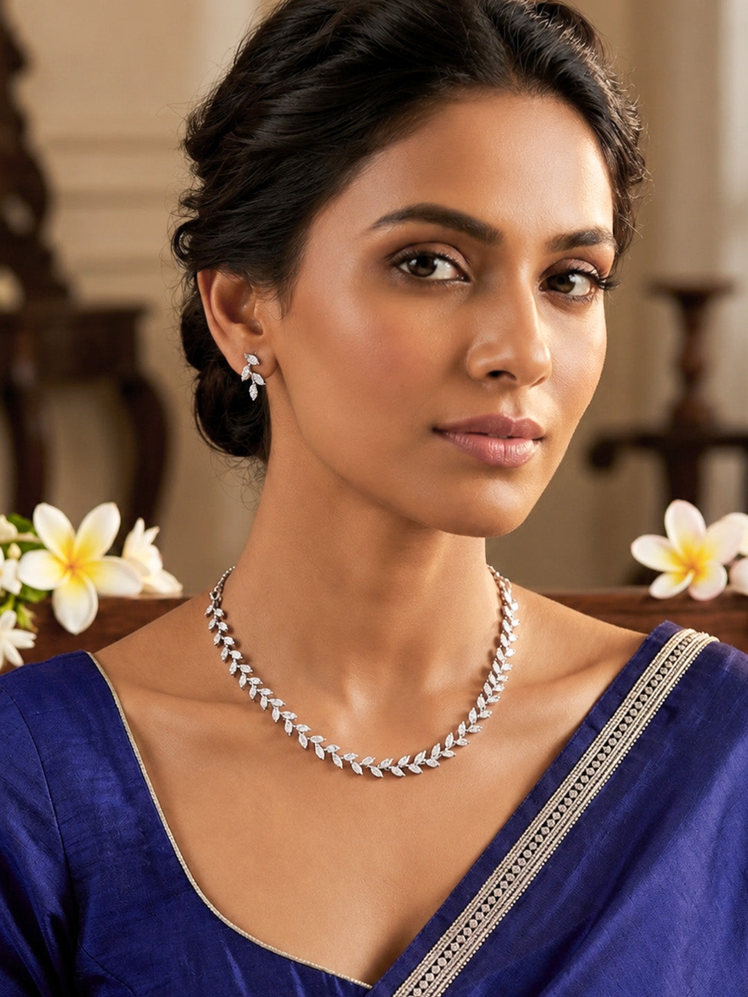 Silver-Plated Leaf American Diamond-Studded Jewellery Set