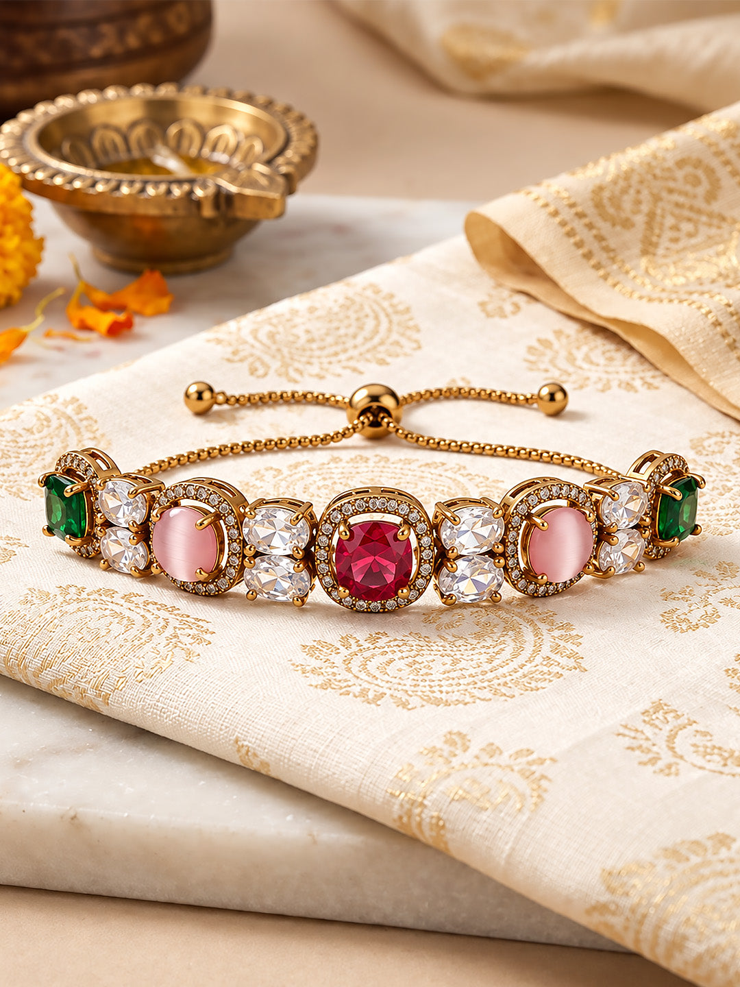 Antique Gold Plated Multi AD Adjustable Bracelet for Women