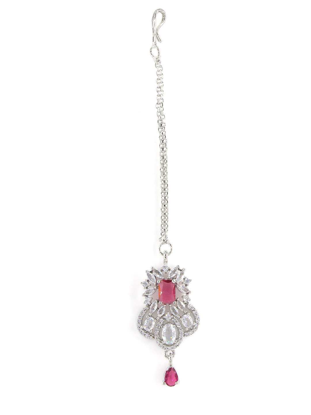 Silver Plated Red AD Studded Floral Drop Maang Tikka