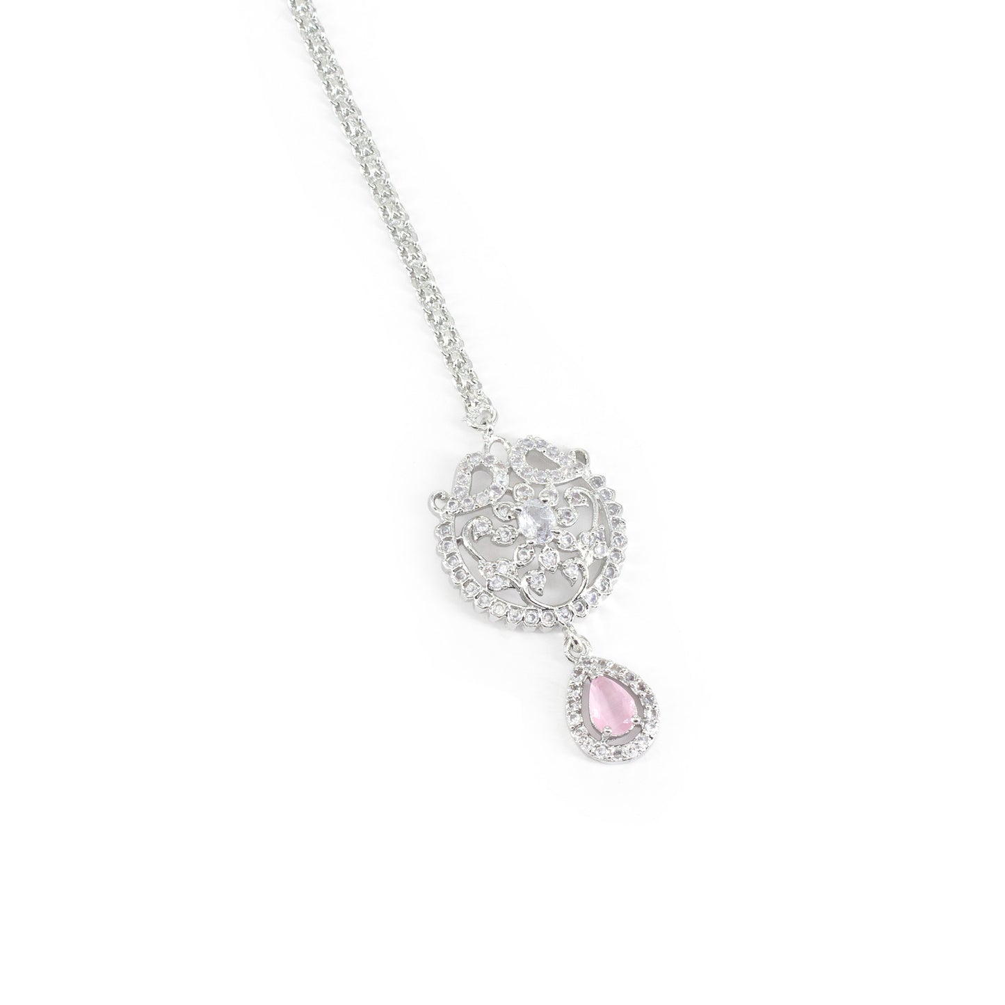 Rhodium Plated Pink AD Maang Tikka for Women