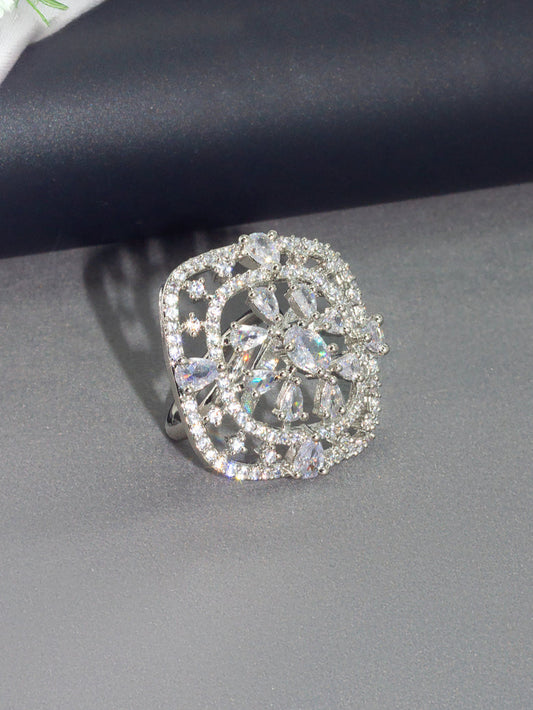 Rhodium Plated Square Cocktail American Diamond Adjustable Finger Ring