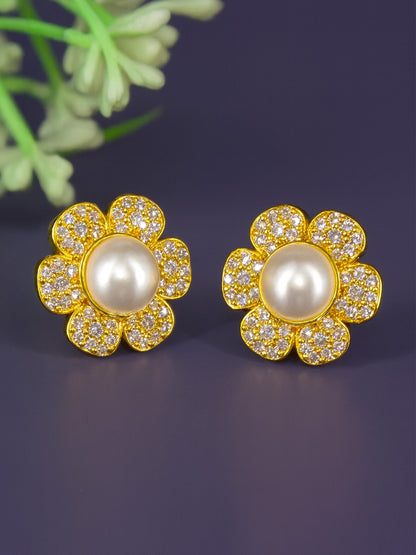 Gold Plated AD Pearl Stud Earrings for Women