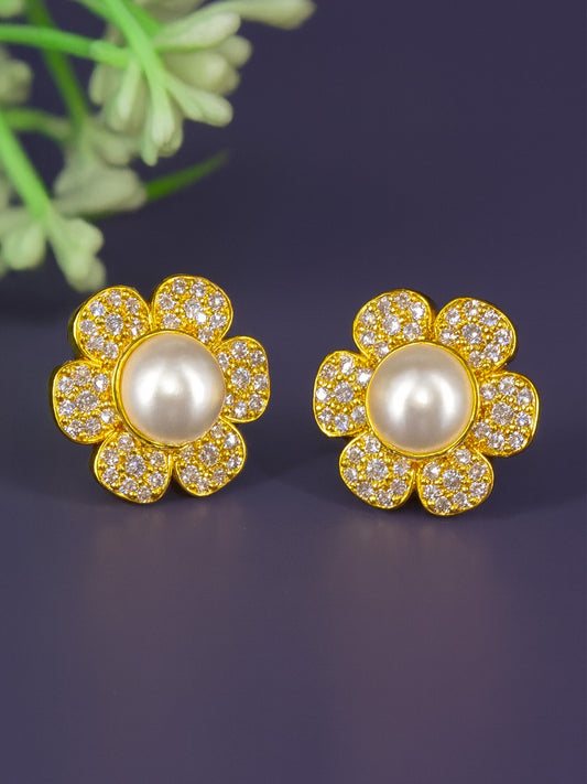 Gold Plated AD Pearl Stud Earrings for Women