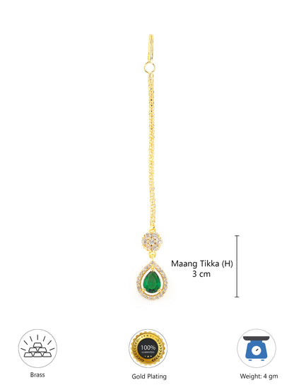 Gold Plated Green AD Teardrop Maang Tikka for Women