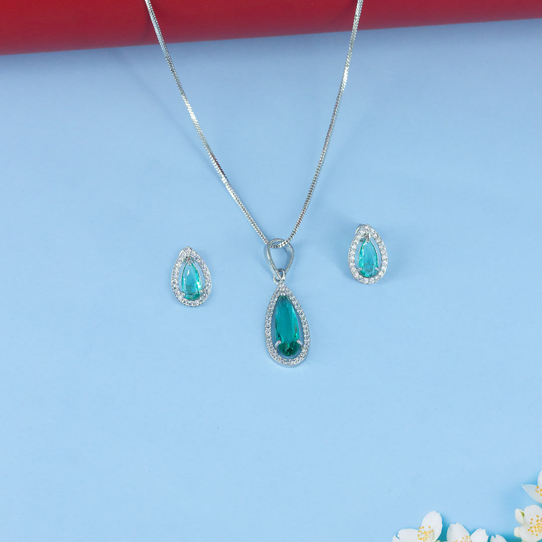 Rhodium Plated Green Drop American Diamond Trendy Pendant Set