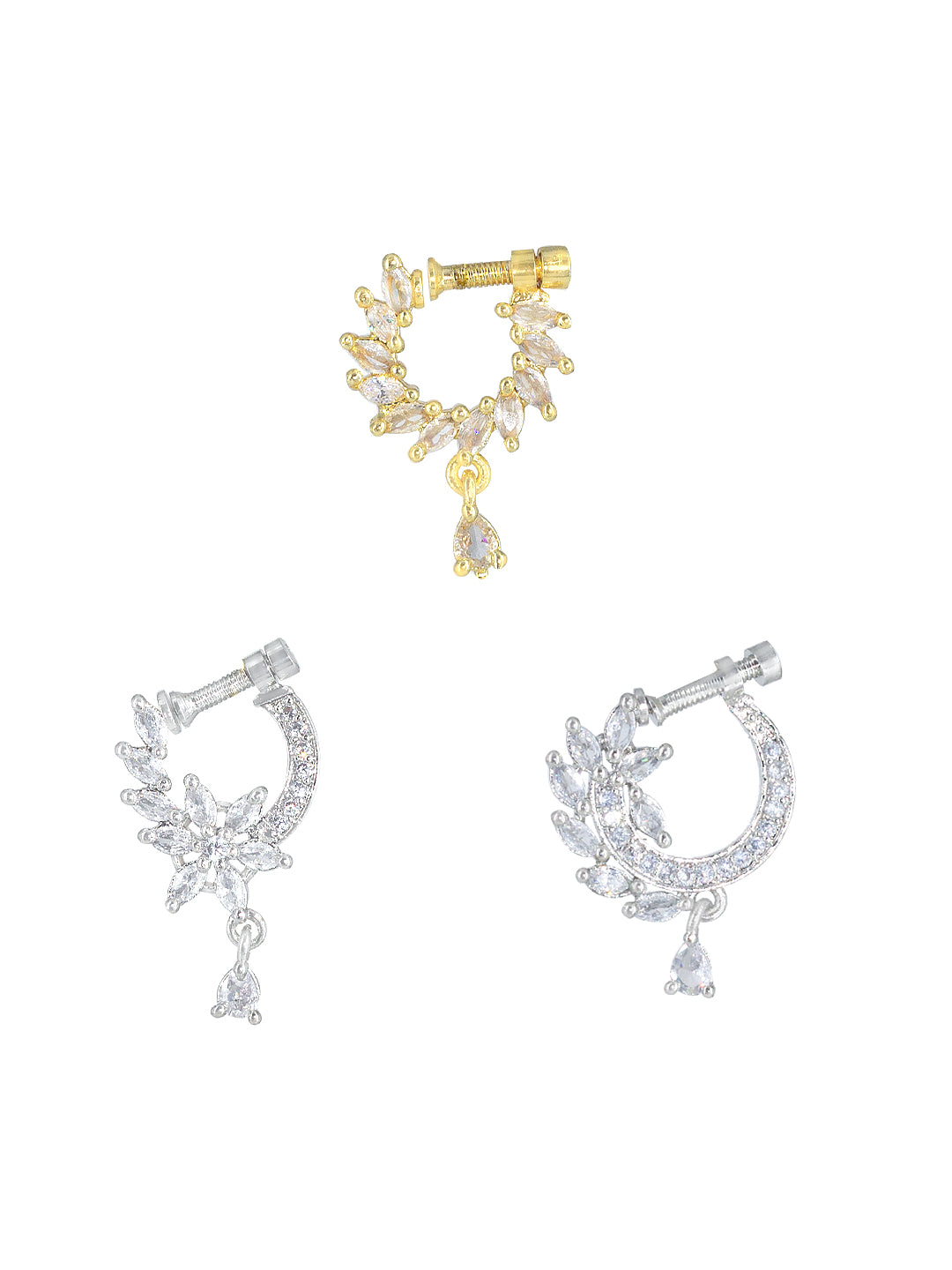 Set of Three Rhodium & Gold Plated American Diamond Non Piercing Nosepin