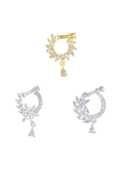 Set of Three Rhodium & Gold Plated American Diamond Non Piercing Nosepin