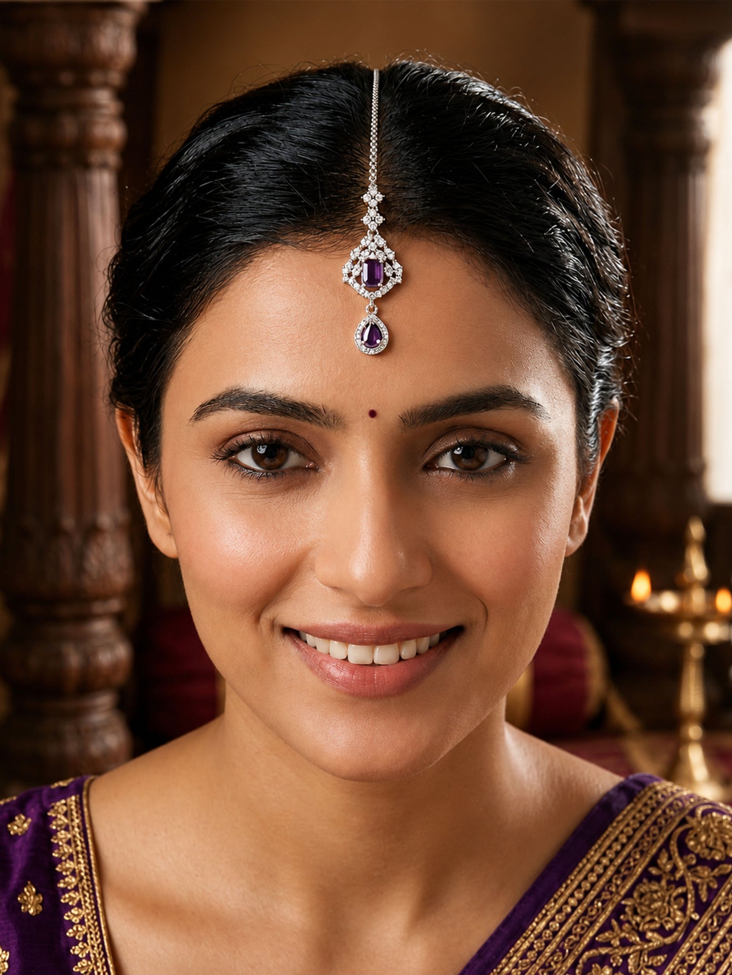Silver Plated Purple AD Maang Tikka for Women