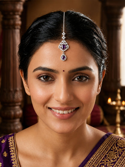 Silver Plated Purple AD Maang Tikka for Women