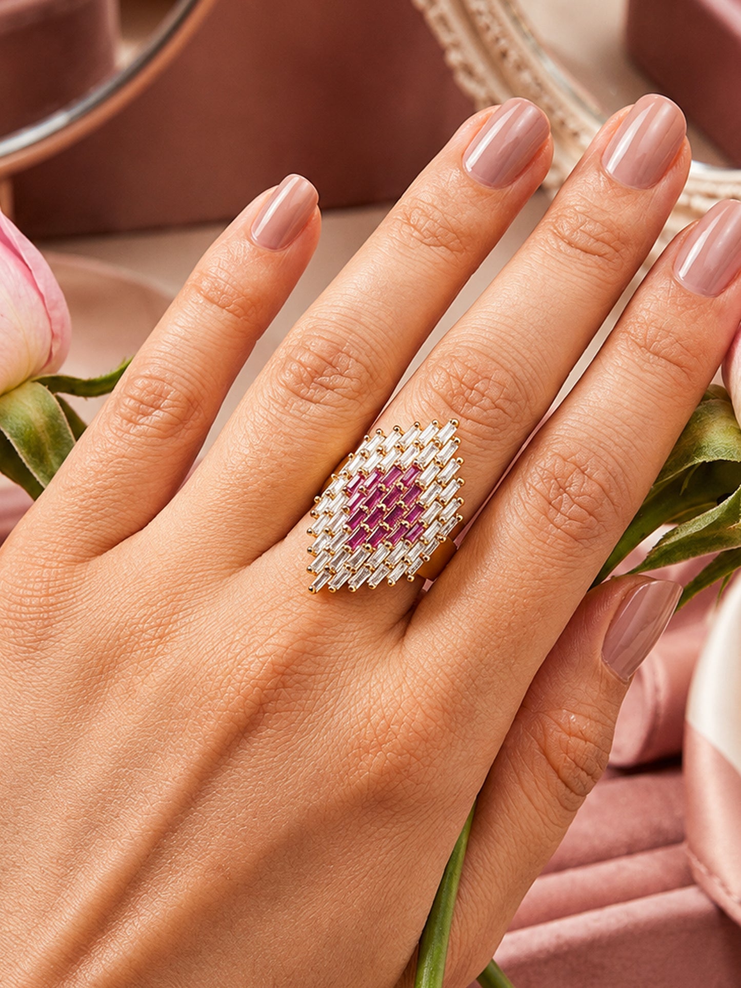 Gold Plated Pink AD Finger Rings for Women