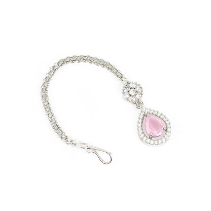 Silver Plated Pink AD Maang Tikka for Women