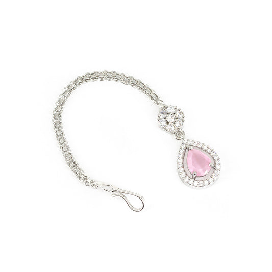 Silver Plated Pink AD Maang Tikka for Women