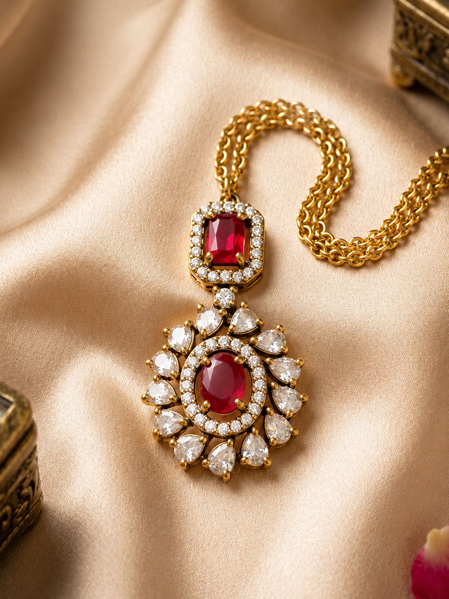 Antique Gold Plated Red AD Maang Tikka for Women