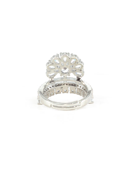 Silver Plated White American Diamond Floral Ring