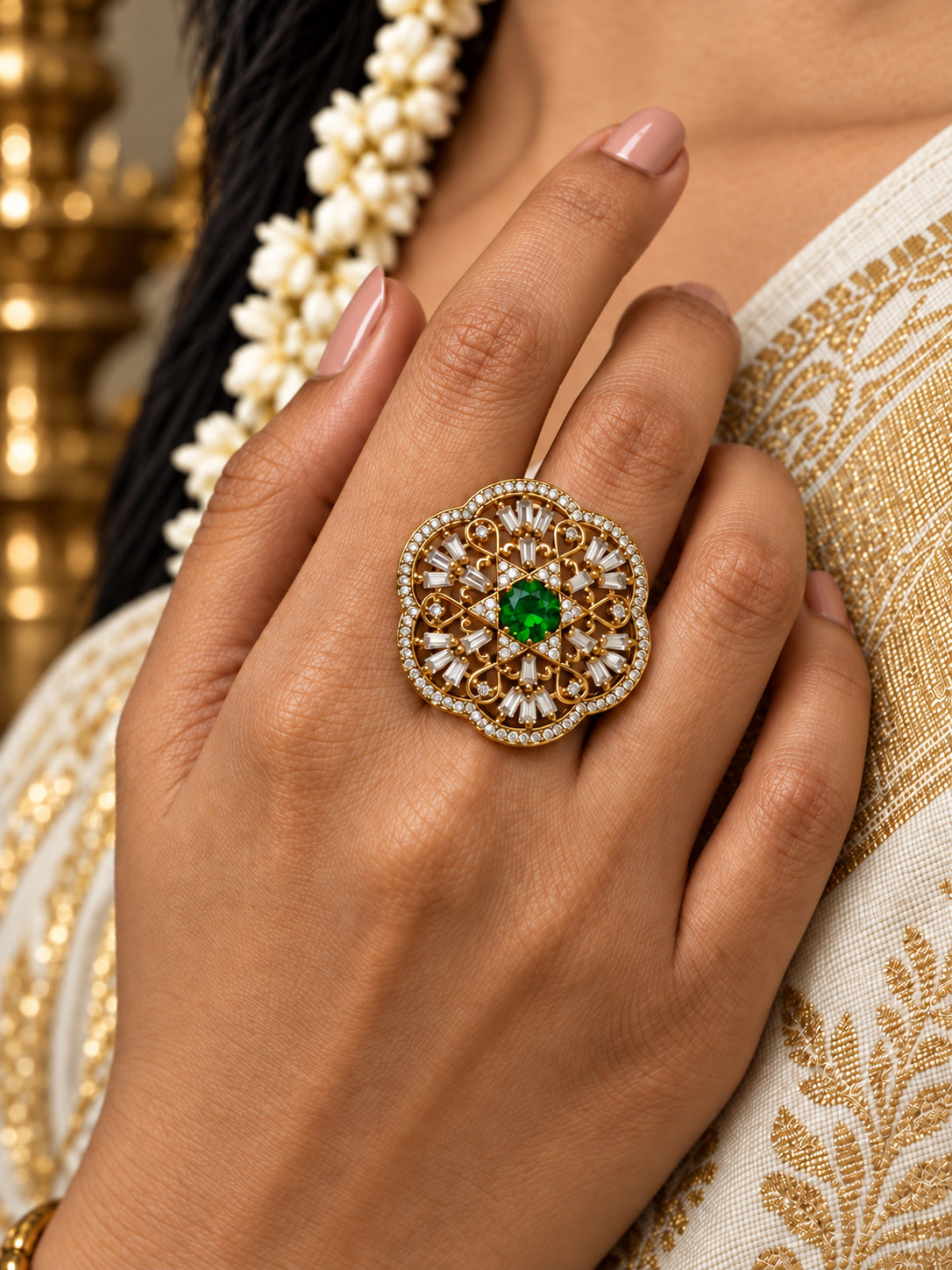 Antique Gold Plated Green AD Finger Ring for Women