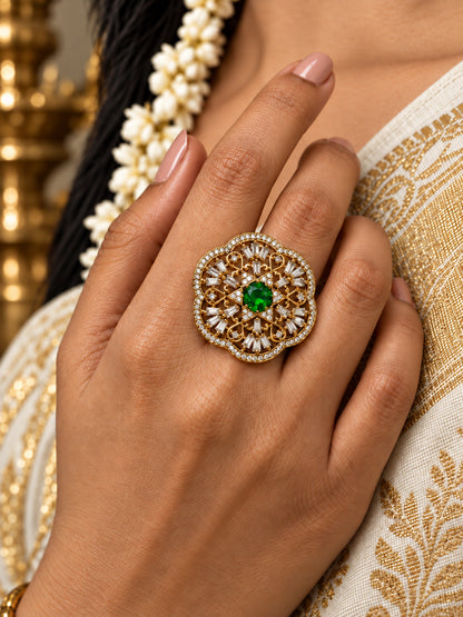 Antique Gold Plated Green AD Finger Ring for Women
