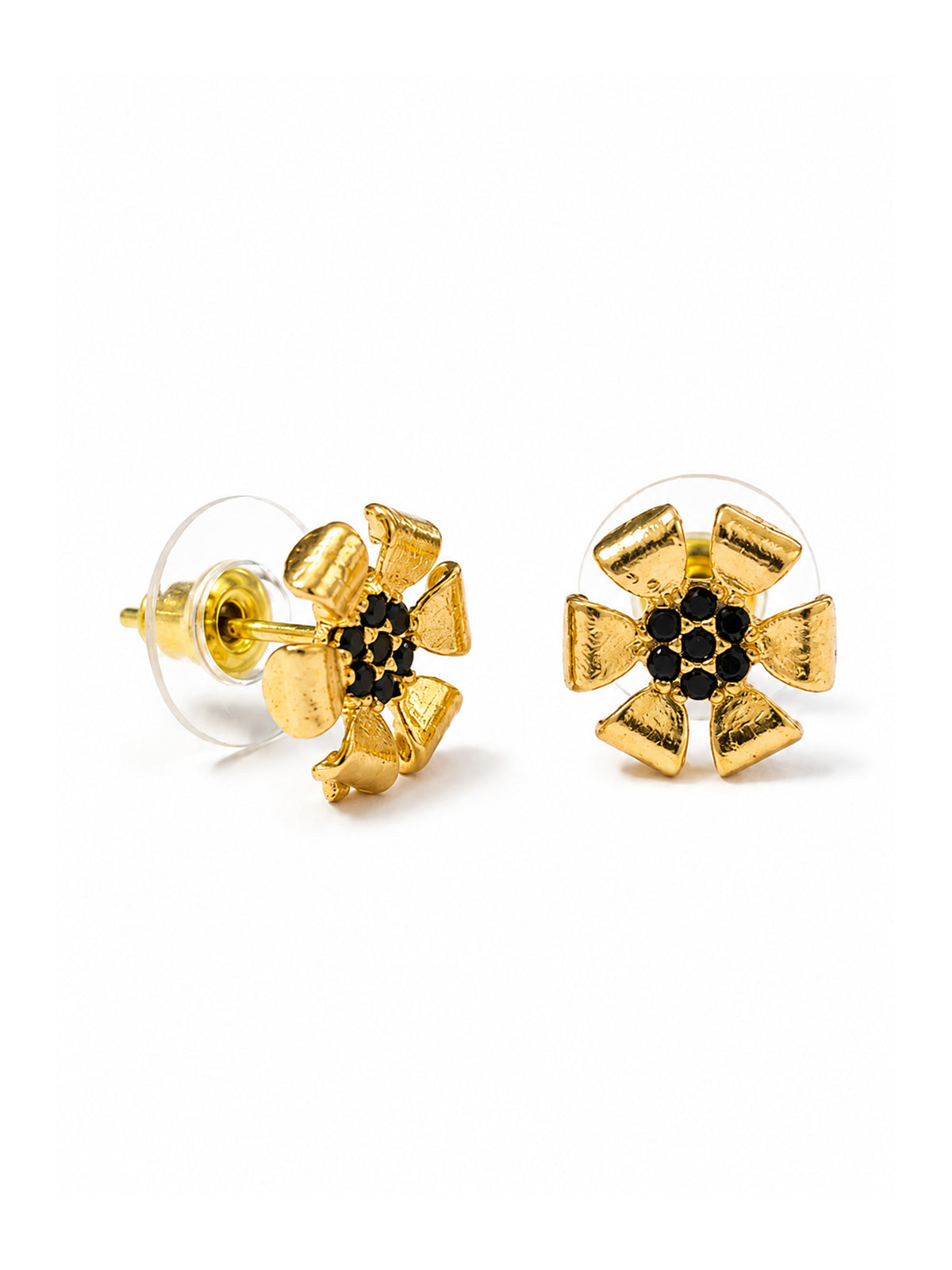 Gold Plated Black AD Floral Stud Earrings for Women