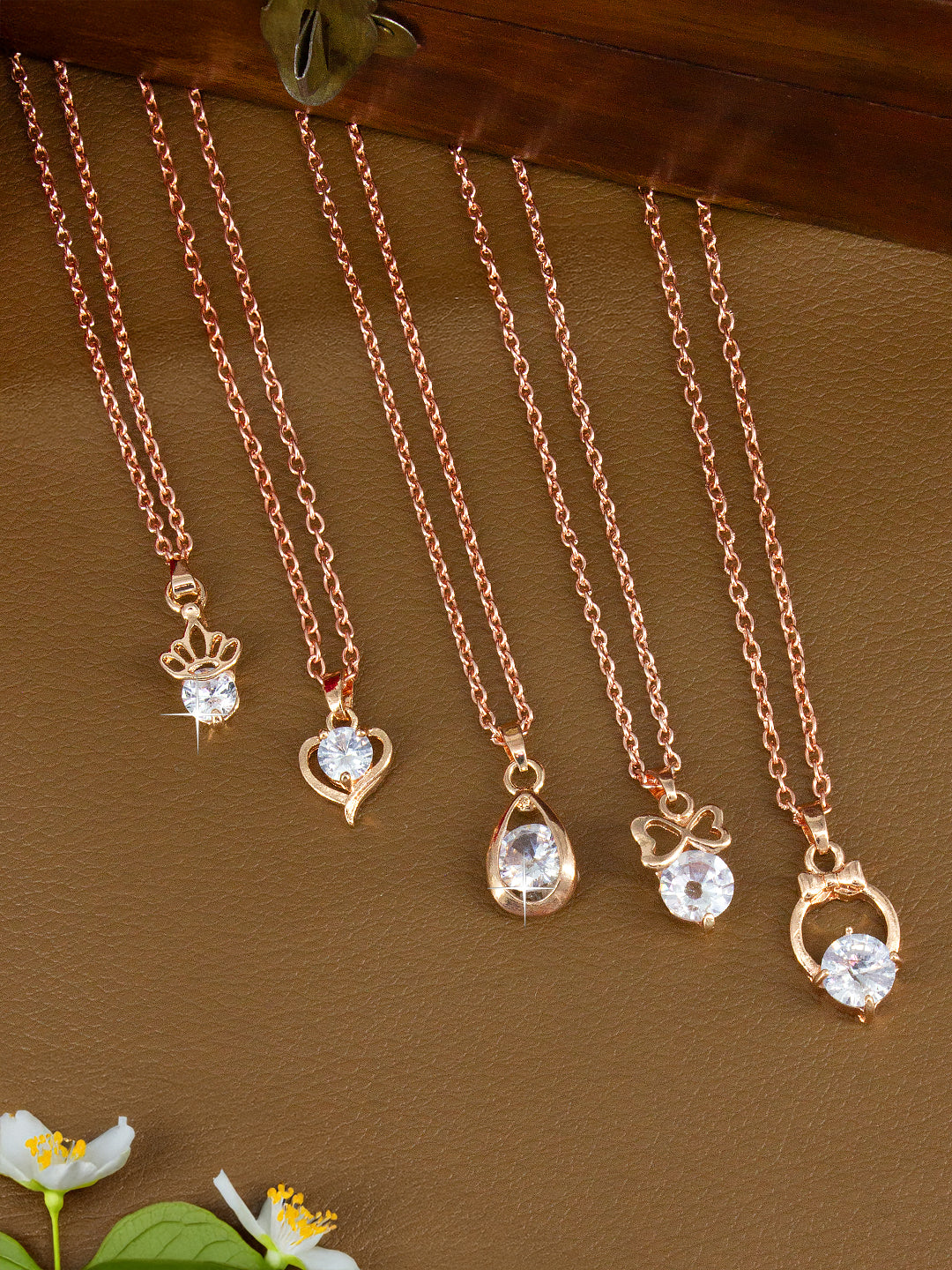 PRIVIU Teardrop, Heart, Round American Diamond Pendant Combo for Girls (Set of 5)