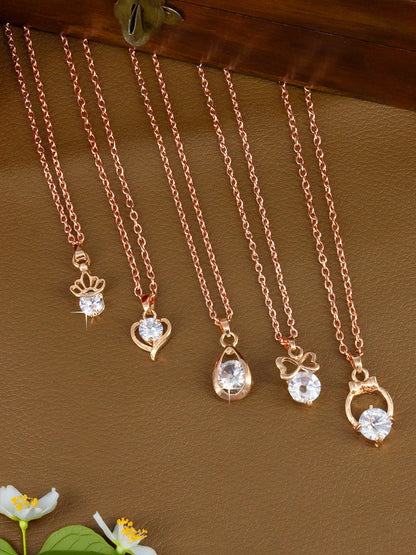 PRIVIU Teardrop, Heart, Round American Diamond Pendant Combo for Girls (Set of 5)