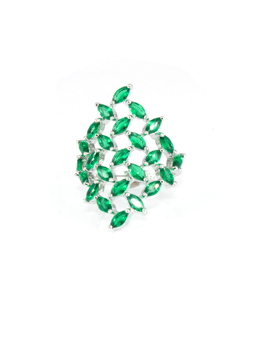 Silver Plated Green Petal AD Adjustable Ring For Women